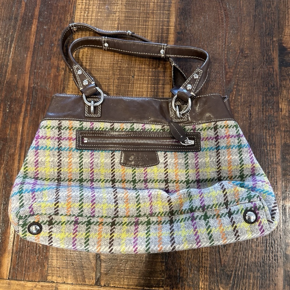 COACH Penelope Tattersall Plaid Wool Tweed Patent Leather Tote Bag F15456